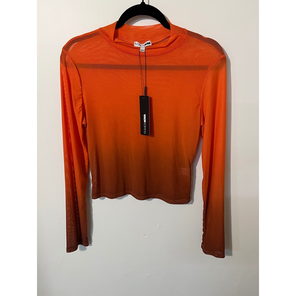 Fashion Nova Olivia Ombre Mesh Top Orange Brown Mock Neck Long Sleeve XL NWT